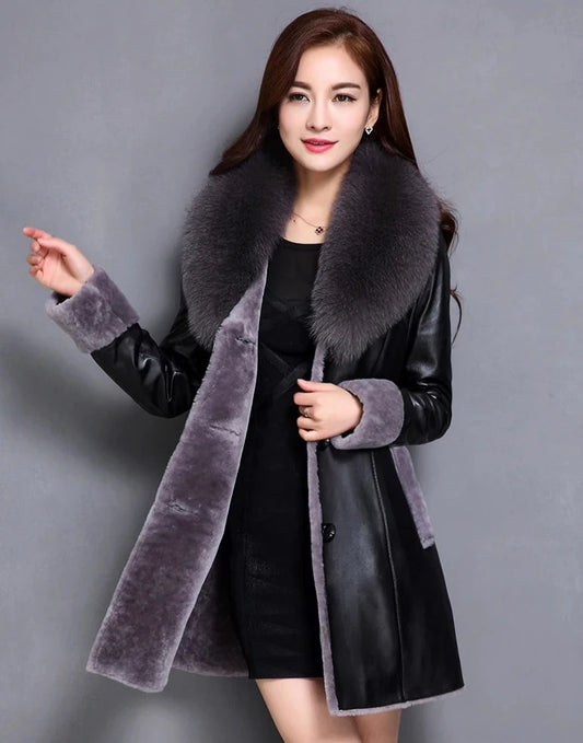 Genuine Leather Coat Real Fur Shearling Fox Fur Collar