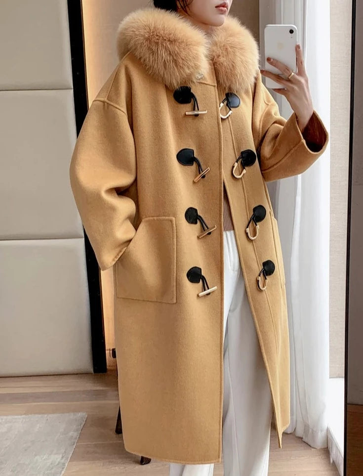 Cashmere Horn Button Hooded Real Fox Fur Coats