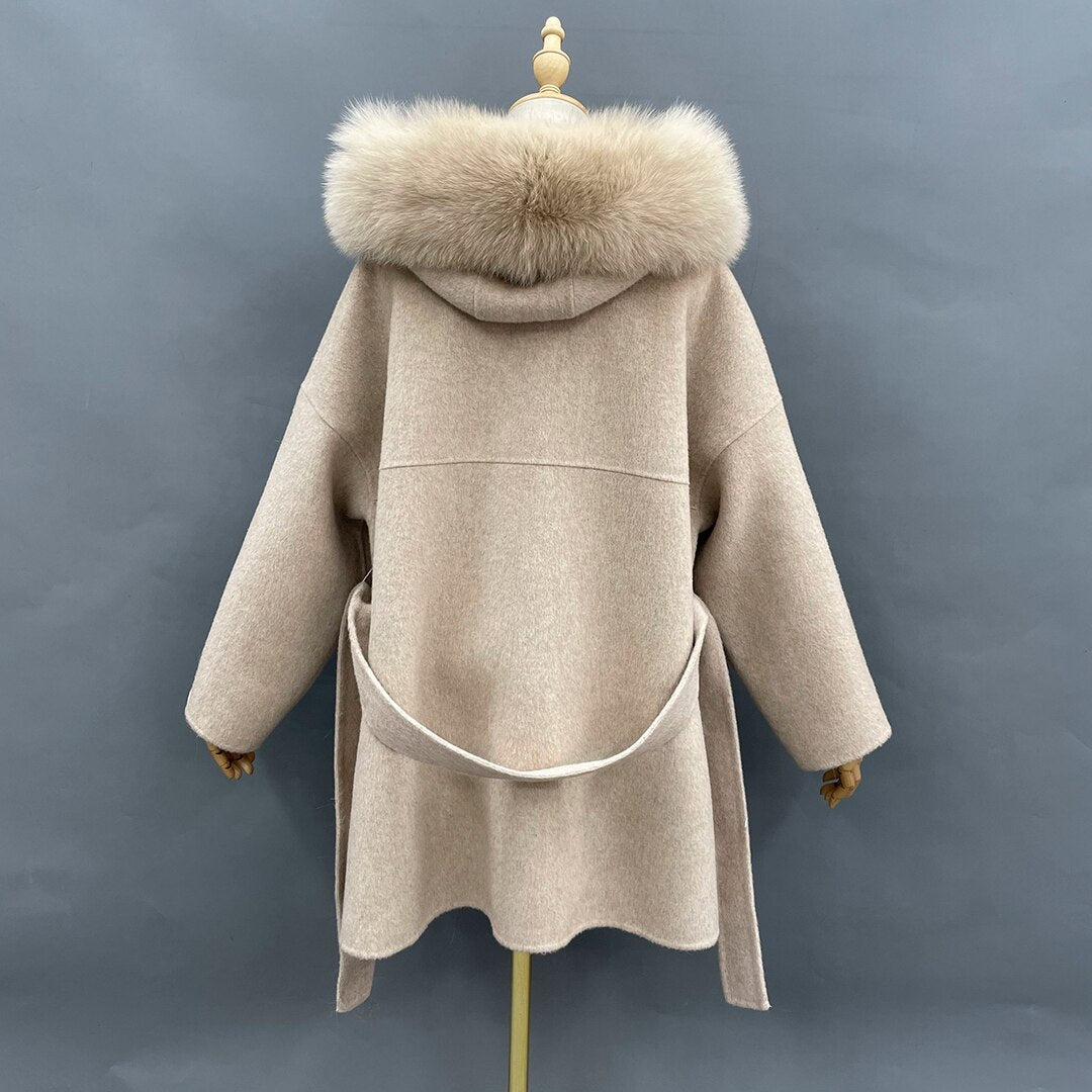 Cashmere Pea Coats Fur Trim Hood With Big Fur Pockets