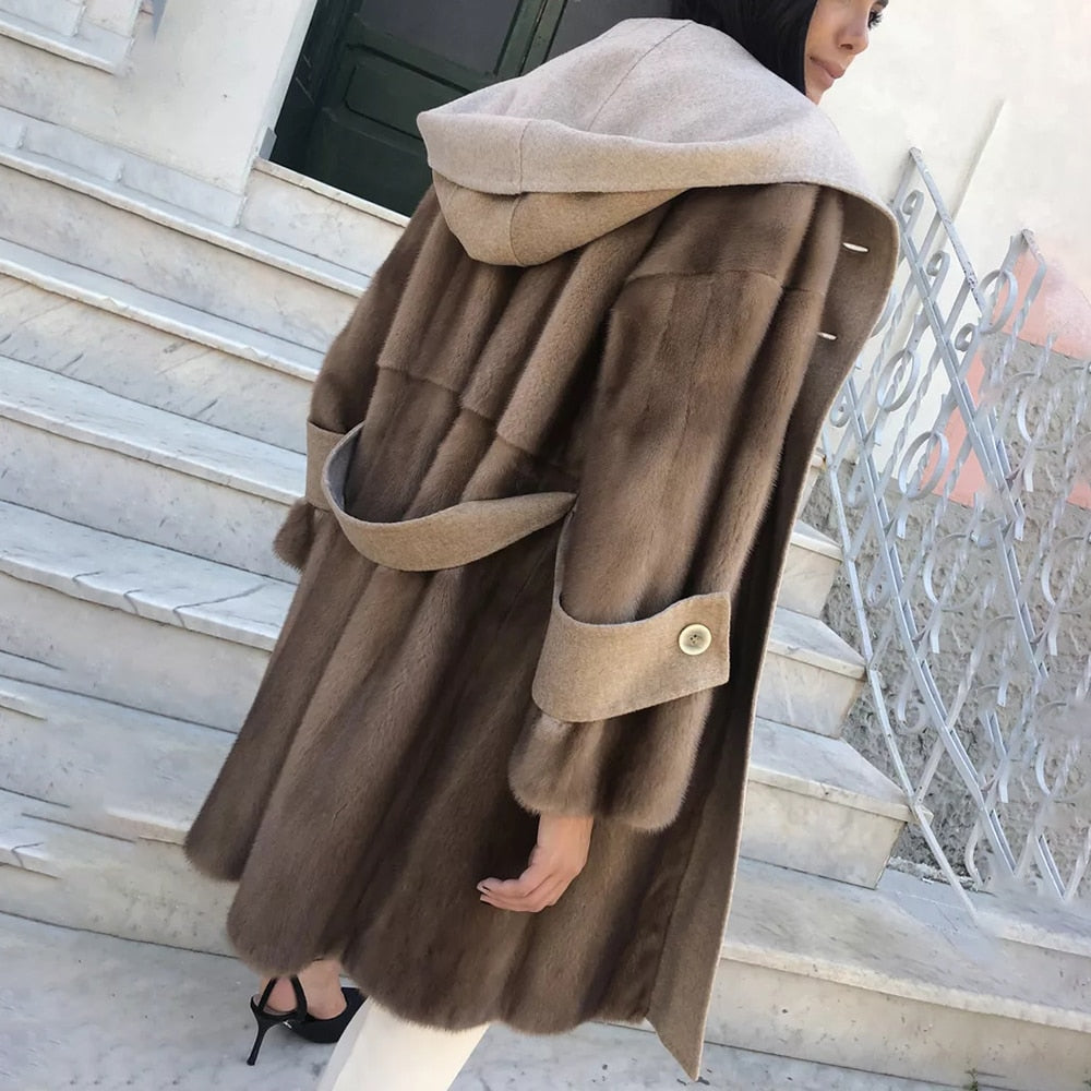 Real Mink Fur Coat & Wool Hood, Trim & Belt