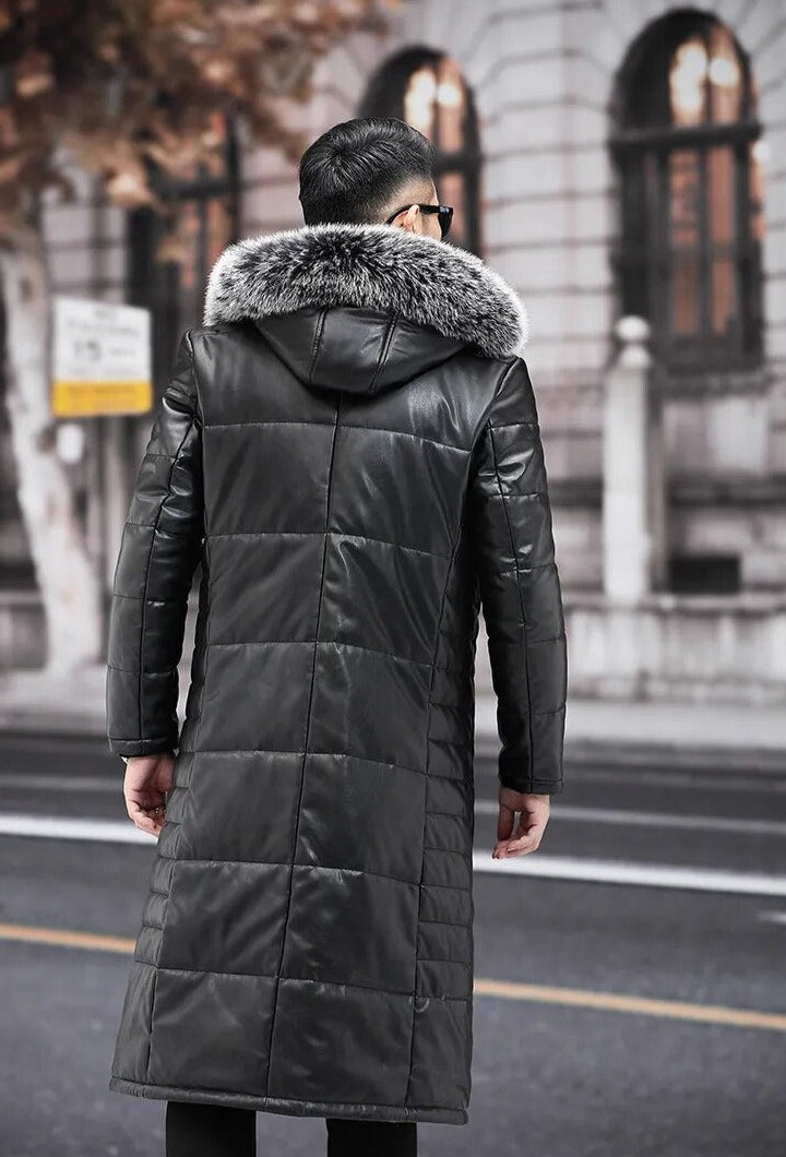 Genuine Leather Long Coat Duck Down Fur Hood