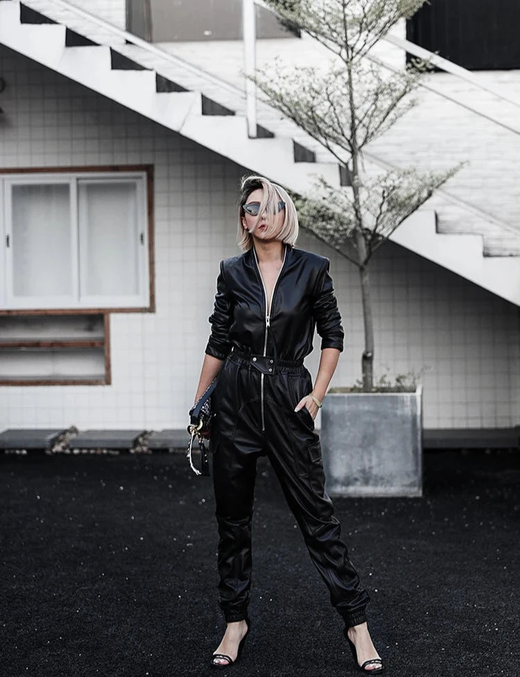 PU Leather Cargo Long Sleeve Jumpsuit