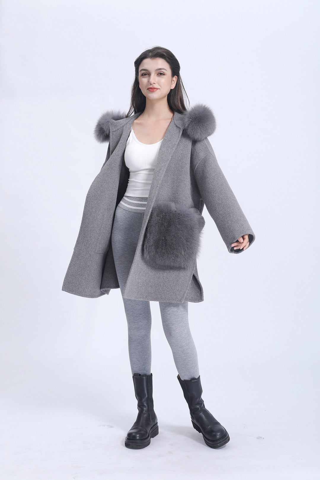 Cashmere Pea Coats Fur Trim Hood With Big Fur Pockets