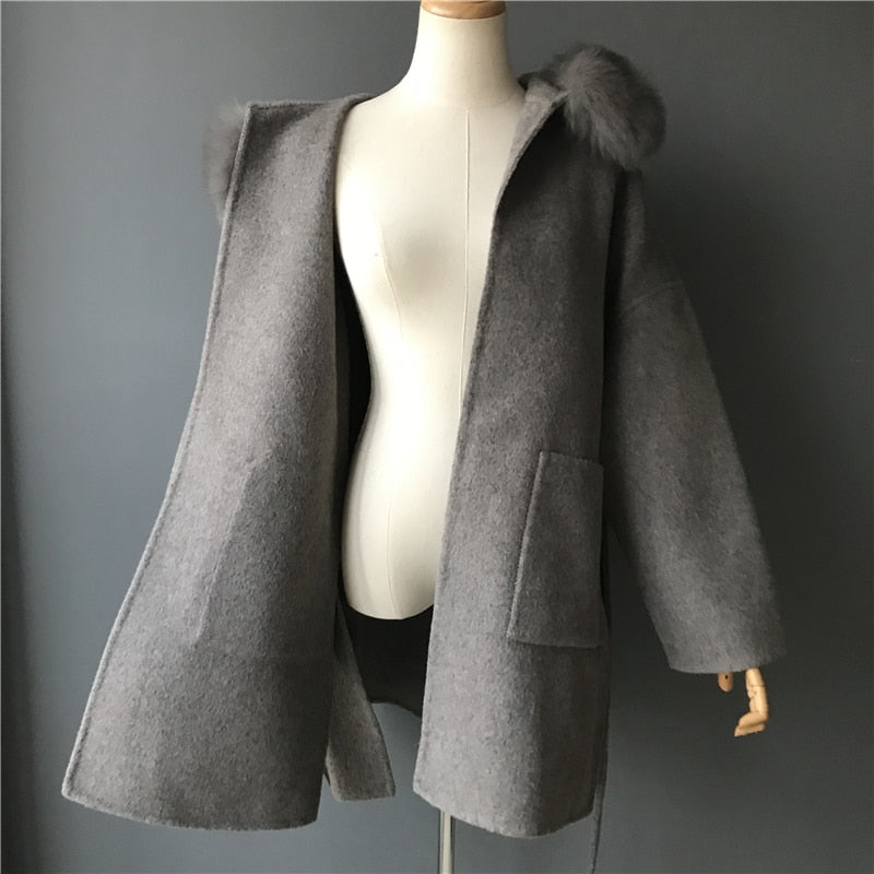 Cashmere Pea Coats Real Fur Hoodie & Cuffs