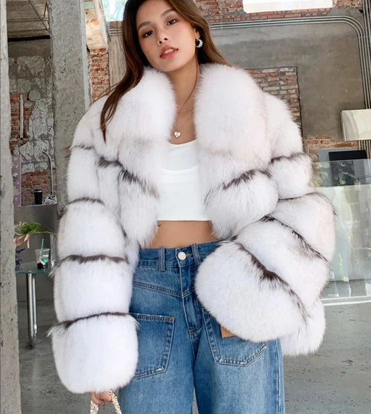 Striped White Real Fur Coats (8XL Sizes)