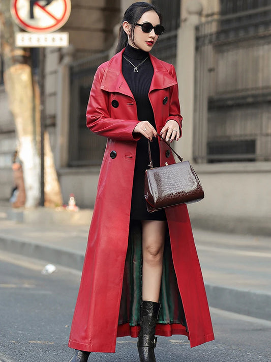 Long Red Pu Leather Trench Coats