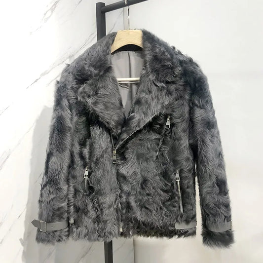 Real Long Wool Fur Moto Jacket