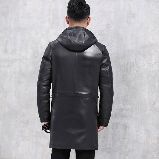 White Duck Down Genuine Leather Coat Hooded