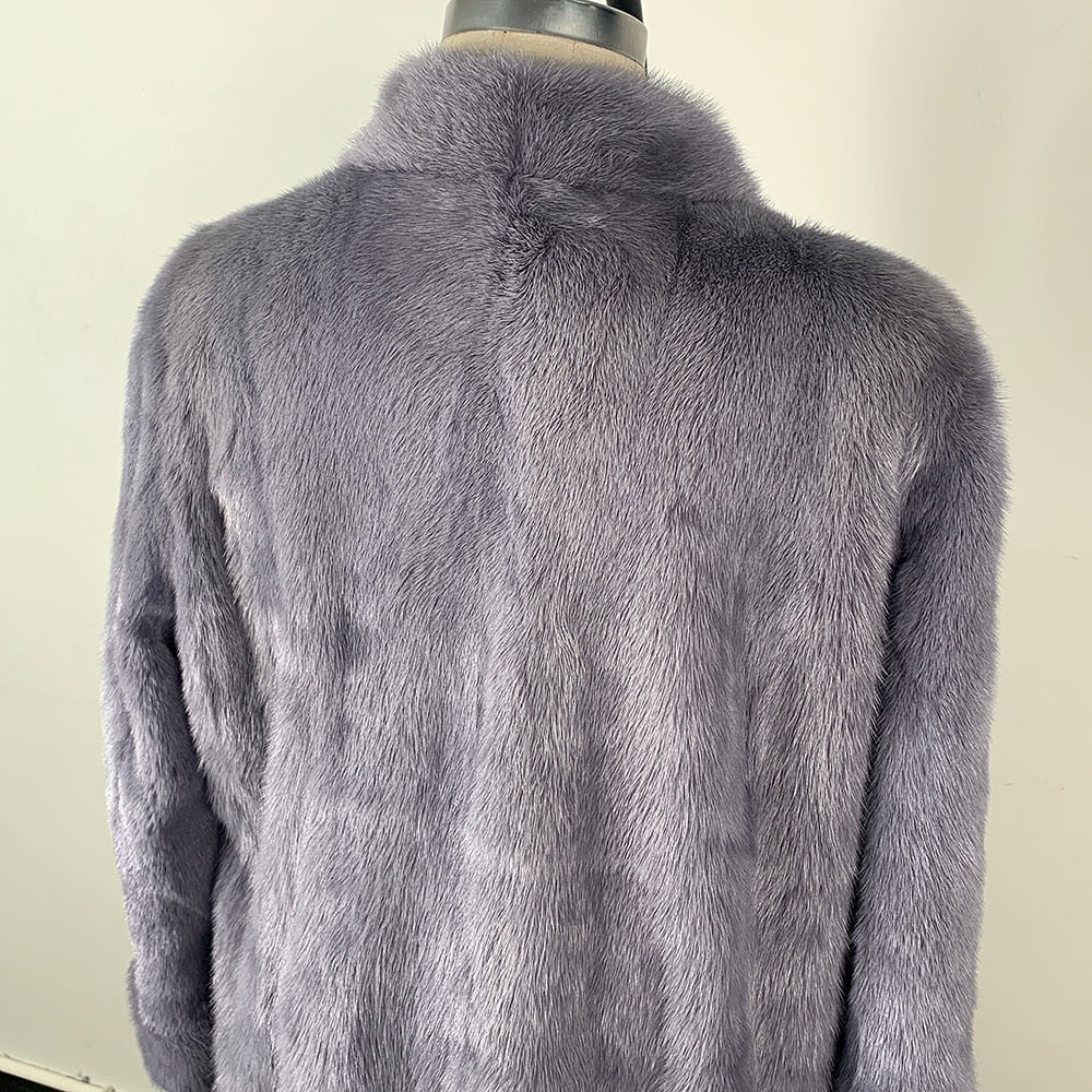 Luxury Gray Full Pelt Real Mink Fur X-Long Coat