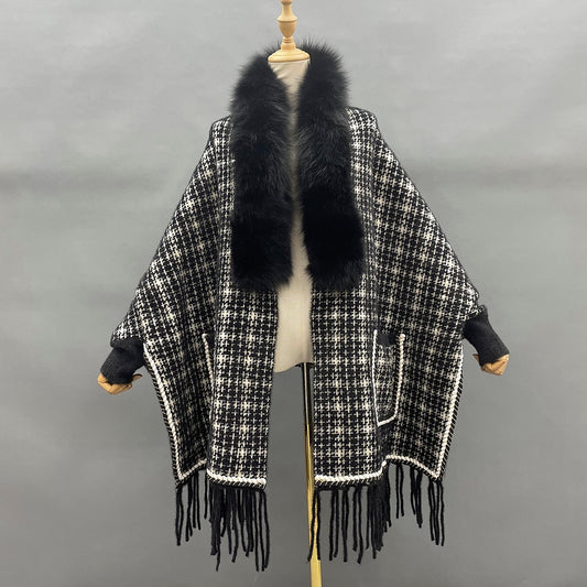 Real Fur Plaid Wool Tassel Ponchos