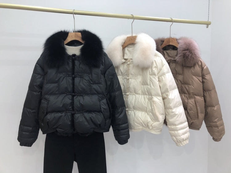 Duck Down Short Puffer Coats Real Fur Collar & Trim