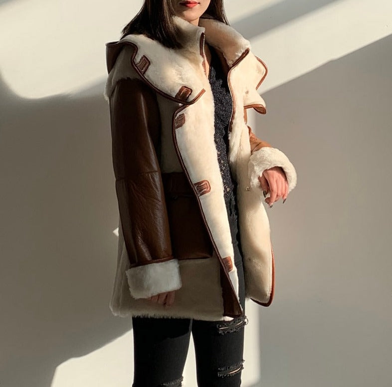 Genuine Leather Real Shearling Fur Coats Hooded