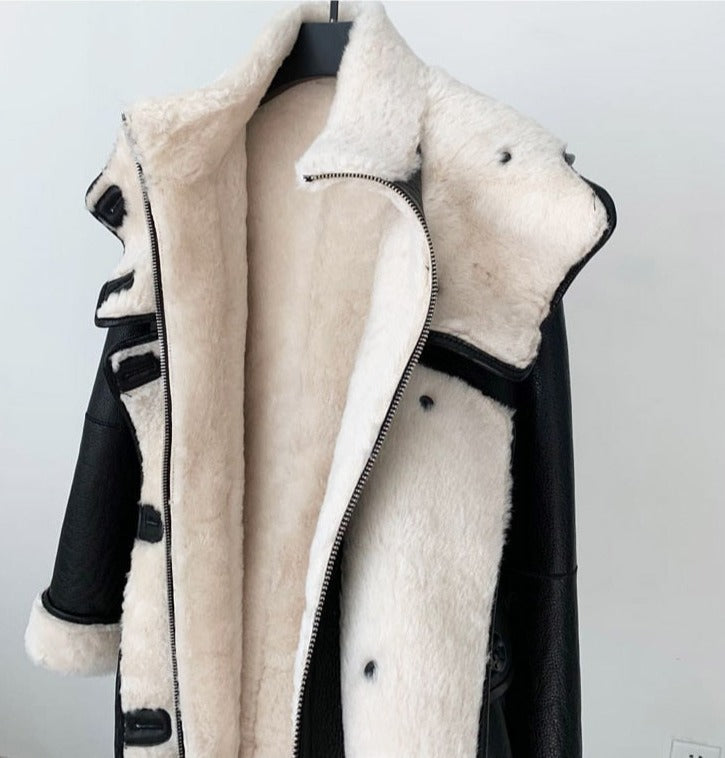 Genuine Leather Real Shearling Fur Coats Hooded