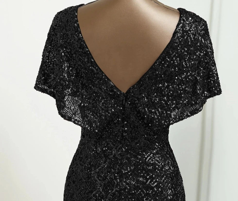 Sequin Deep V Drape Sleeve Mermaid Dresses