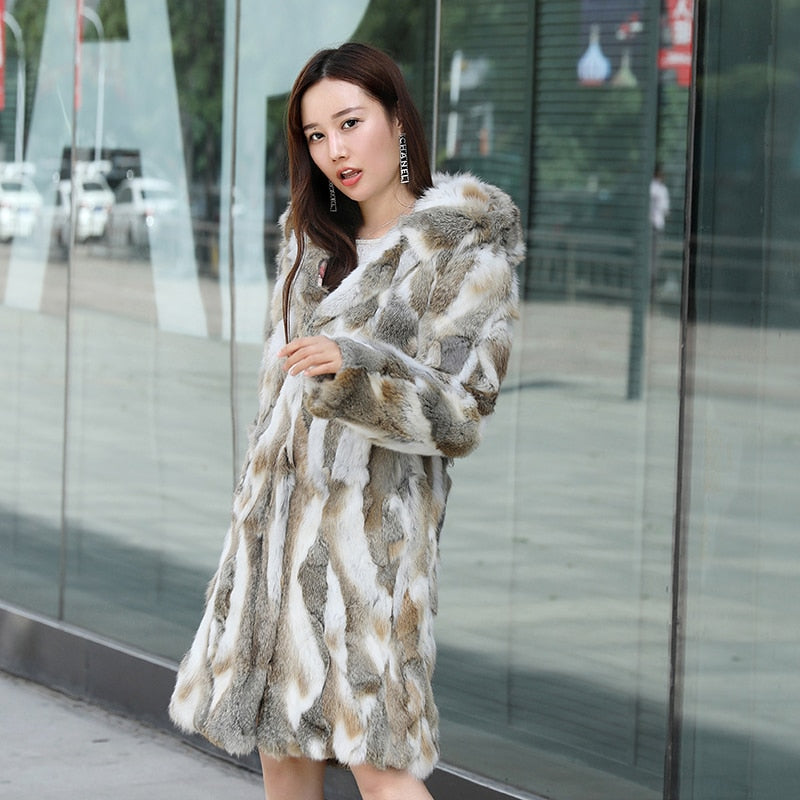 Mixed Color Blend Real Fur Hooded Coats