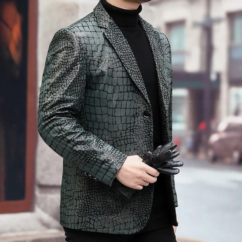 Crocodile Pattern Genuine Leather Blazer Jacket