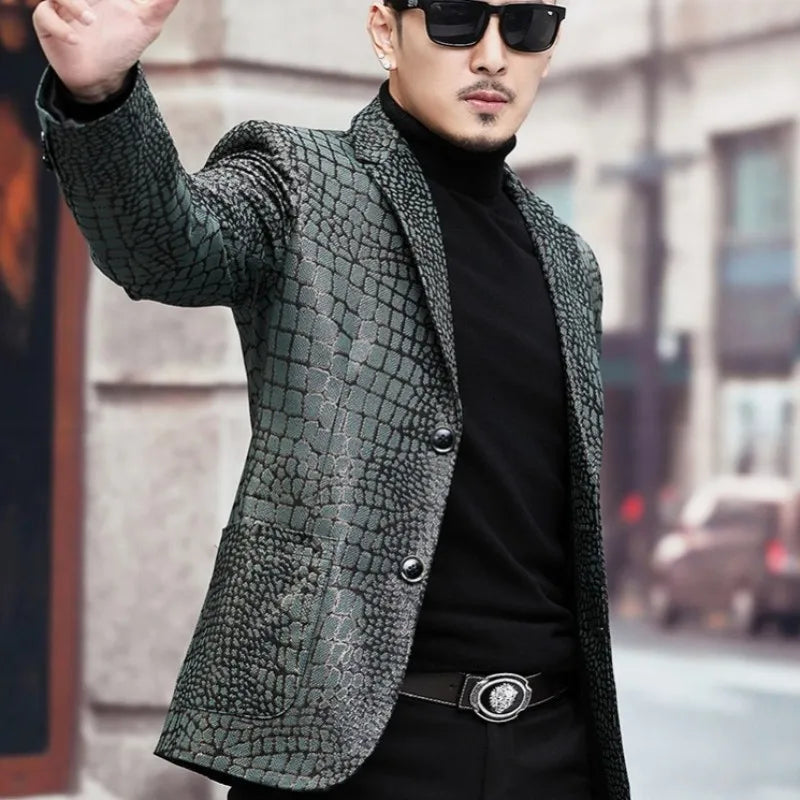 Crocodile Pattern Genuine Leather Blazer Jacket