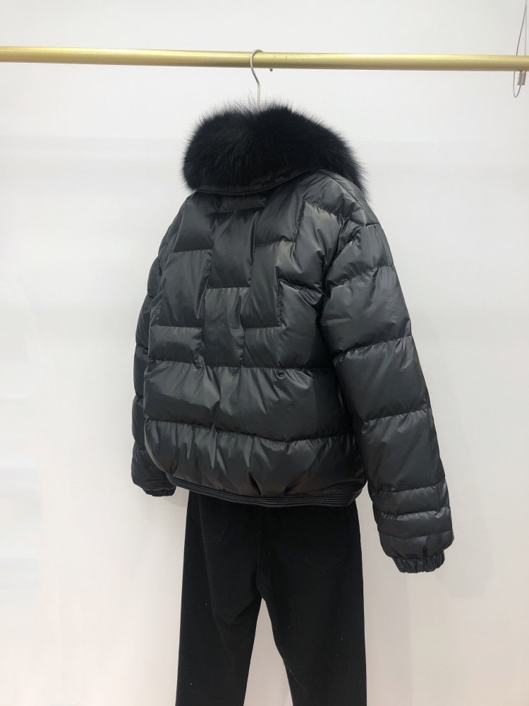 Duck Down Short Puffer Coats Real Fur Collar & Trim