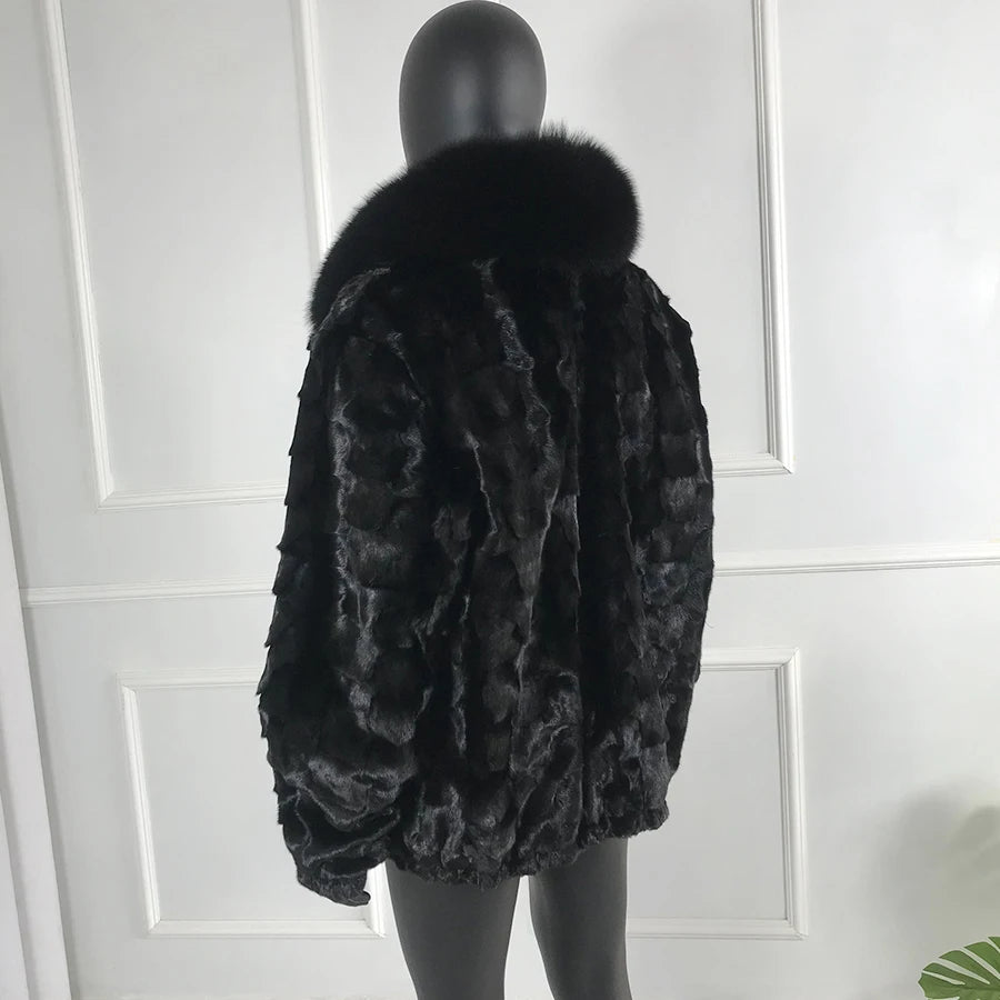 Real Mink Fur Coat Bomber Fox Fur Collar