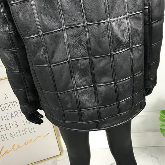 Box Pattern Genuine Leather Coats Real Fur Liner