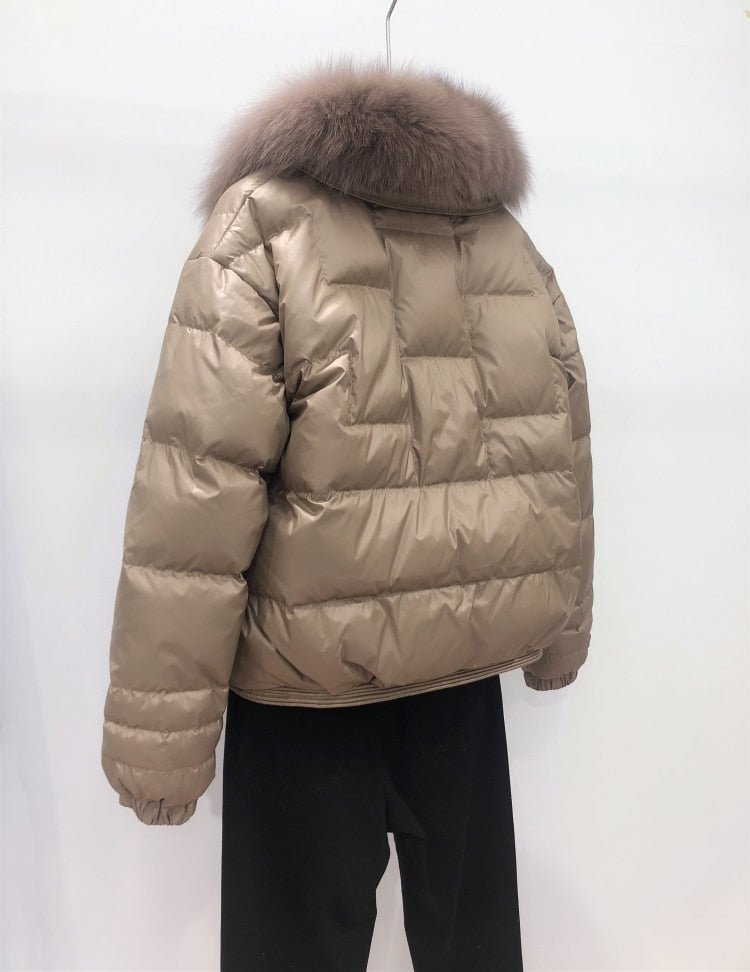 Duck Down Short Puffer Coats Real Fur Collar & Trim