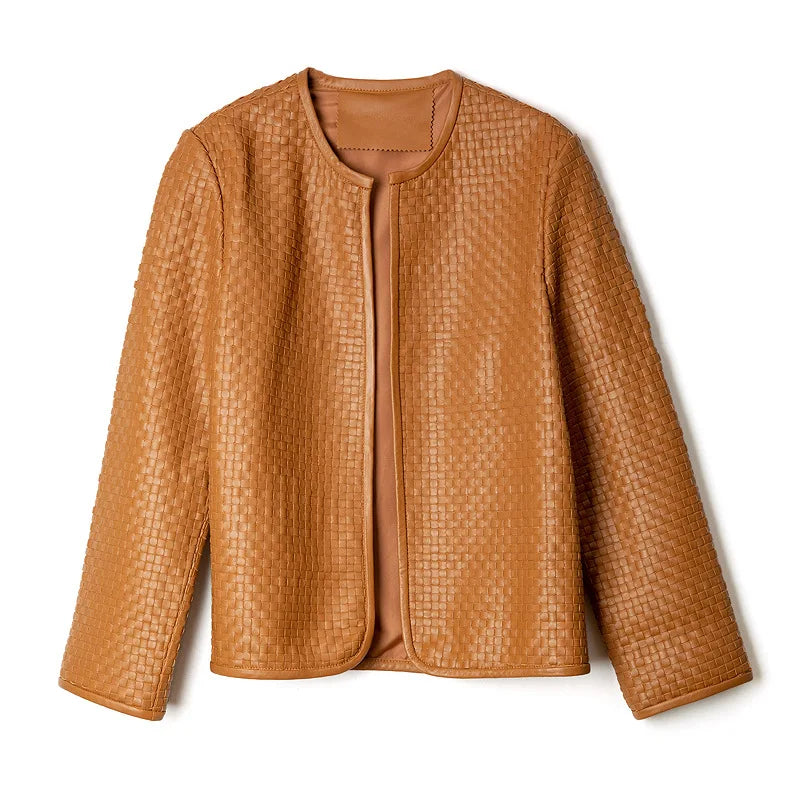 Genuine Leather Jacket Women Autumn 2025 Stylish Vintage Hand-Woven Sheepskin Chaqueta Mujer O-Neck Cardigan Plaid Coat Outwear