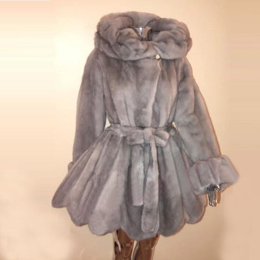 Real Mink Fur Coat With Big Hood Skirt Coats