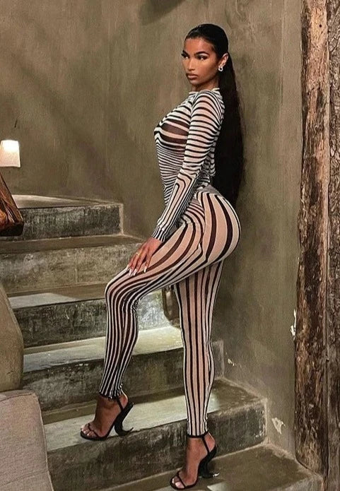 Striped Mesh Top & Leggings Set