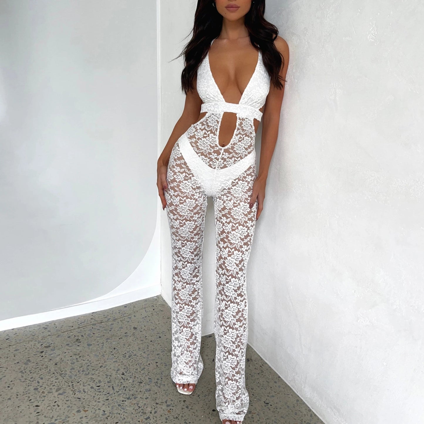 Mesh Sleeveless Open V Floral Lace Jumpsuits