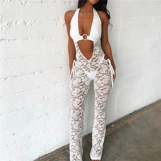 Mesh Sleeveless Open V Navel Jumpsuits