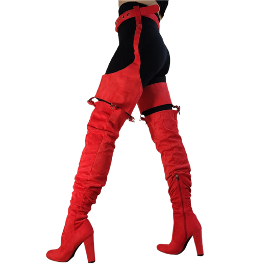 Faux Suede Waist Belted Thigh High Heel Boots