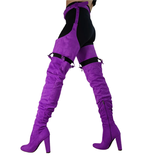 Faux Suede Waist Belted Thigh High Heel Boots