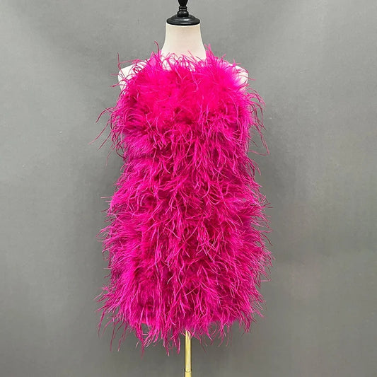 Ostrich Feather Backless Mini Dresses