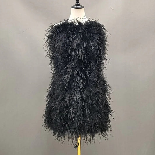 Ostrich Feather Backless Mini Dresses