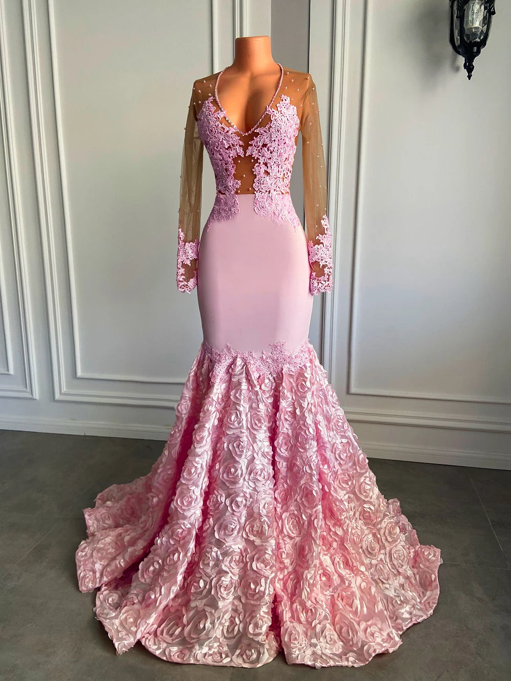 Mesh Sleeved 3D Flowers Mermaid Gowns