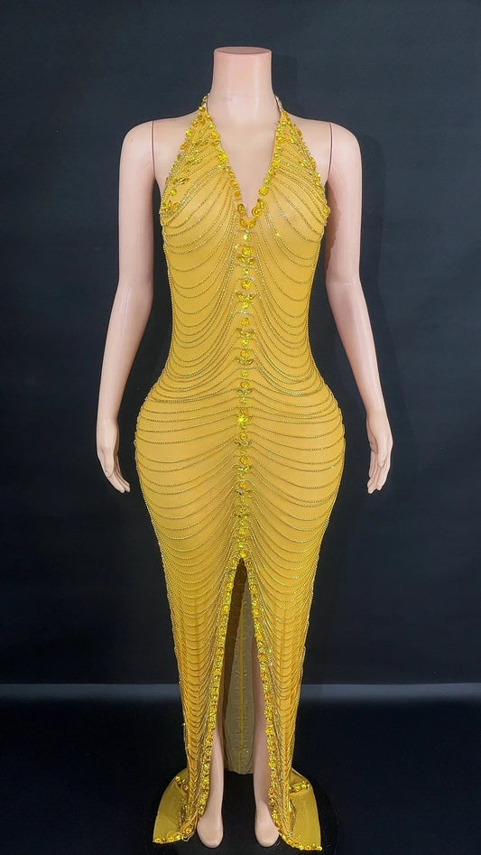 Rhinestones Chains Transparent Long Dresses