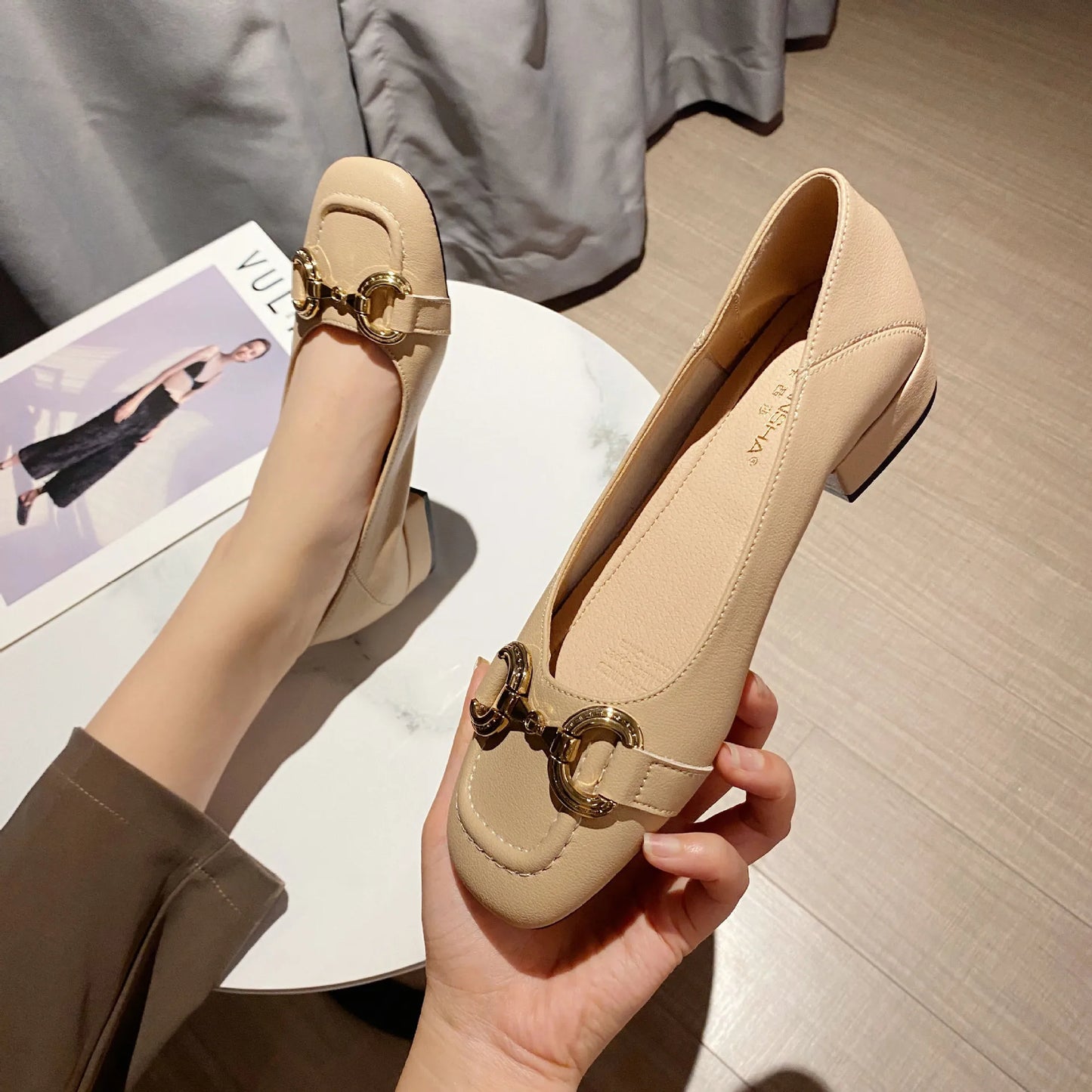 Pu Leather Low Heel Slip-On Shoes