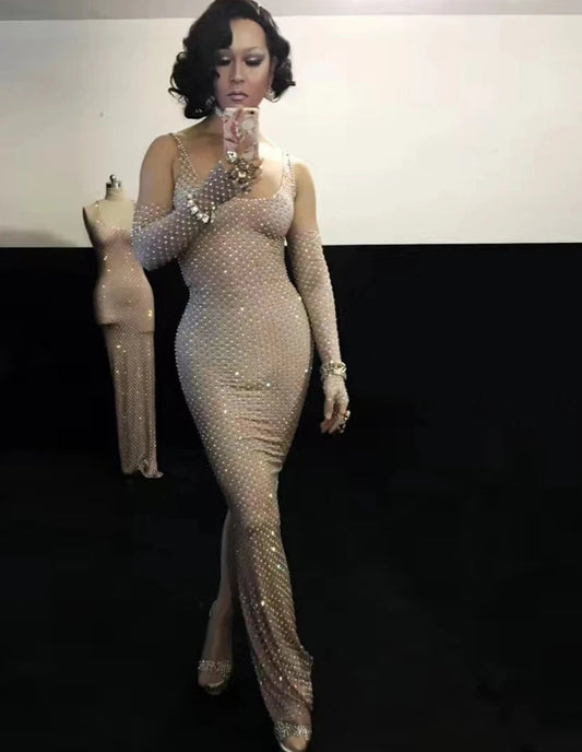 Nude Rhinestone Sleeveless Dress with Gloves