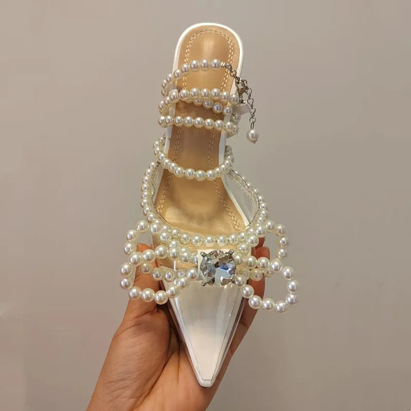 Pearls Bowknot Ankle Strap Thin High Heels