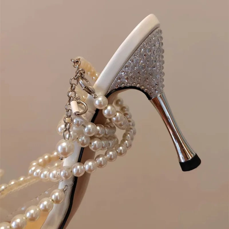 Pearls Bowknot Ankle Strap Thin High Heels