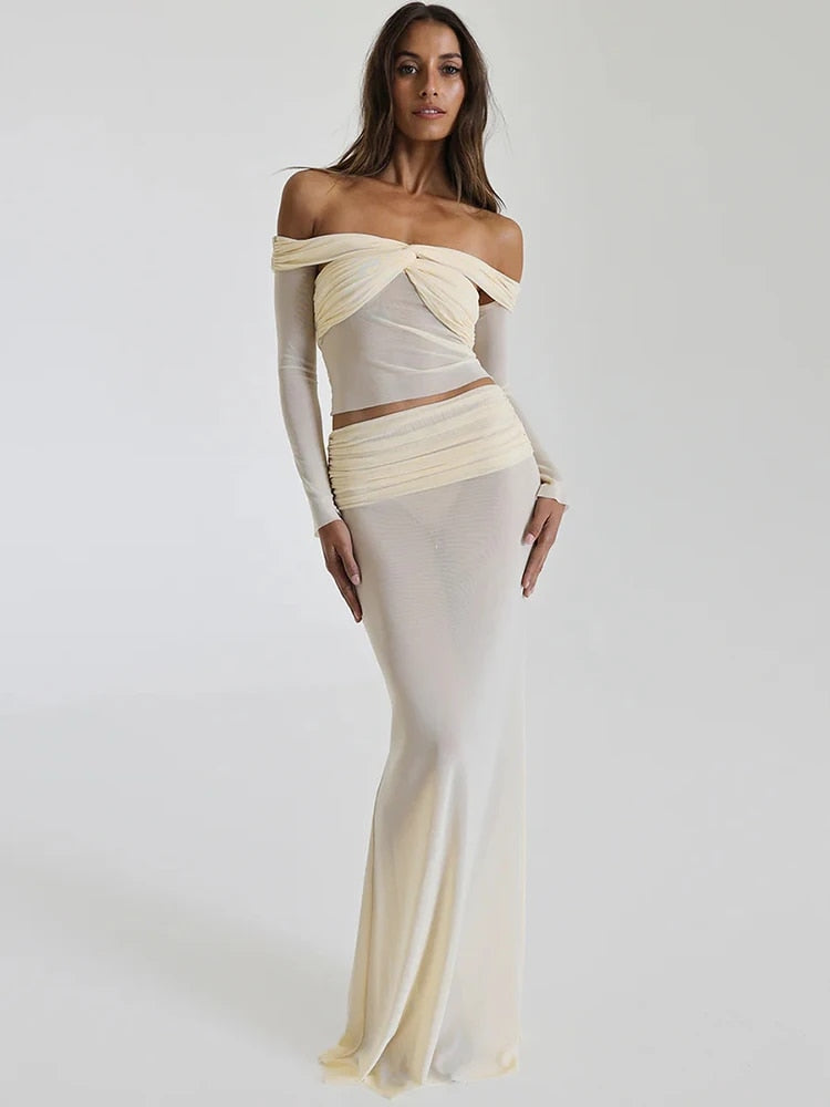 Off-shoulder Sheer Sleeved Crop & Long Skirt Sets