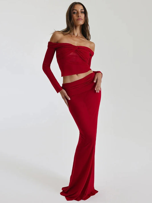 Off-shoulder Sheer Sleeved Crop & Long Skirt Sets