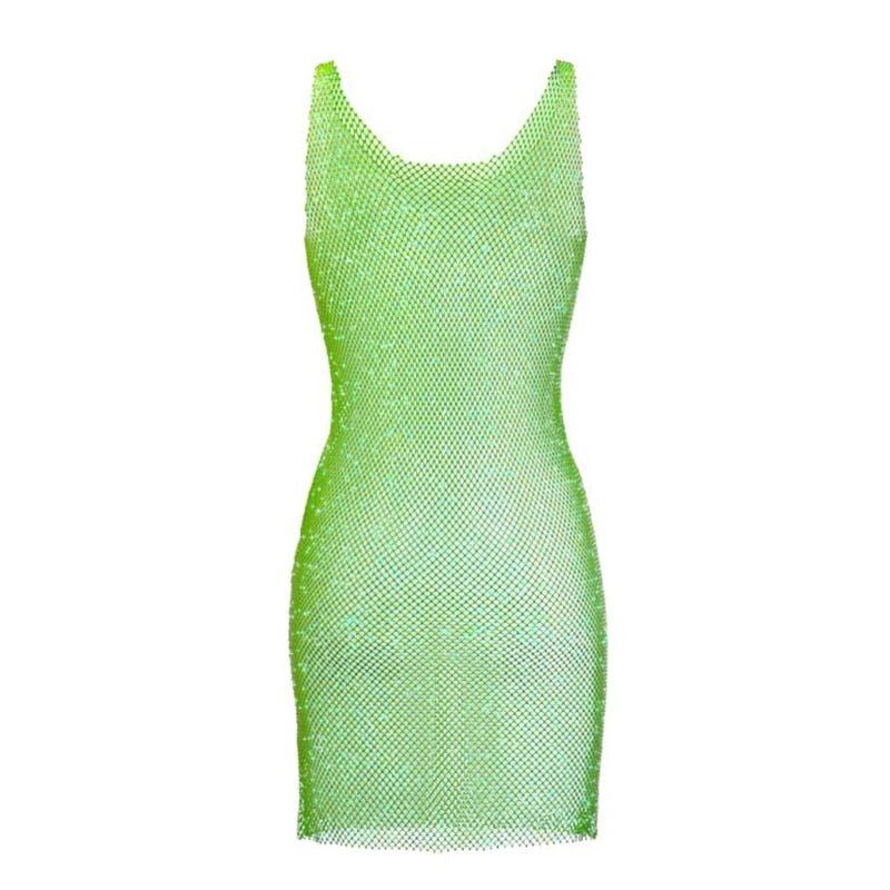 Strap Sleeveless Transparent Diamond Mini Dress