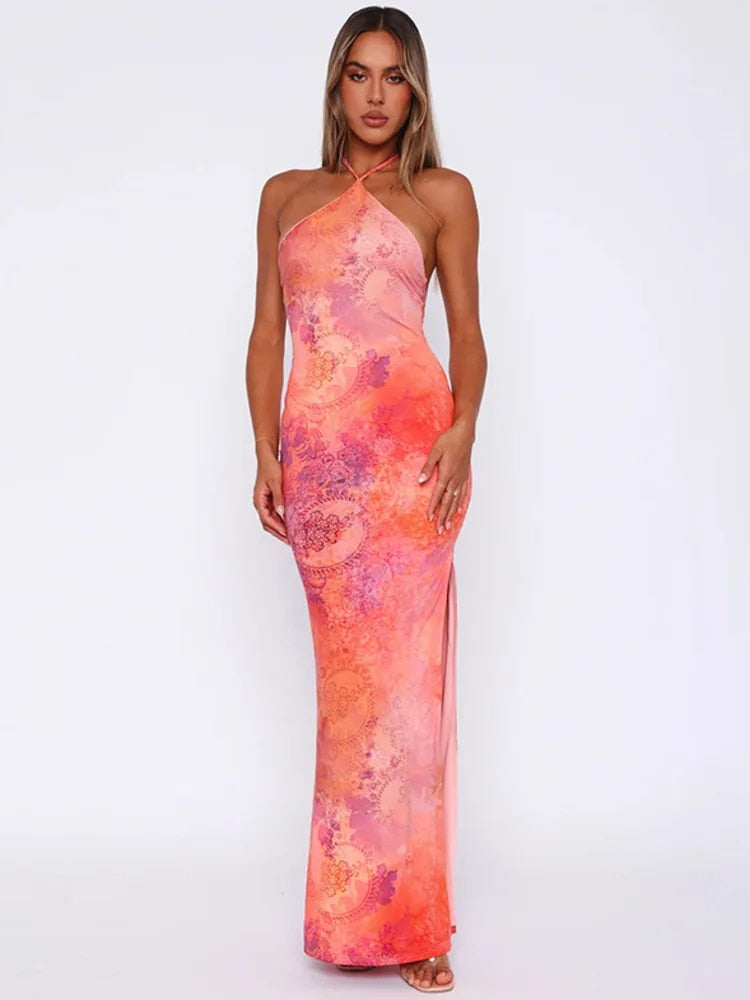 Halter Print Backless Split Maxi Dress