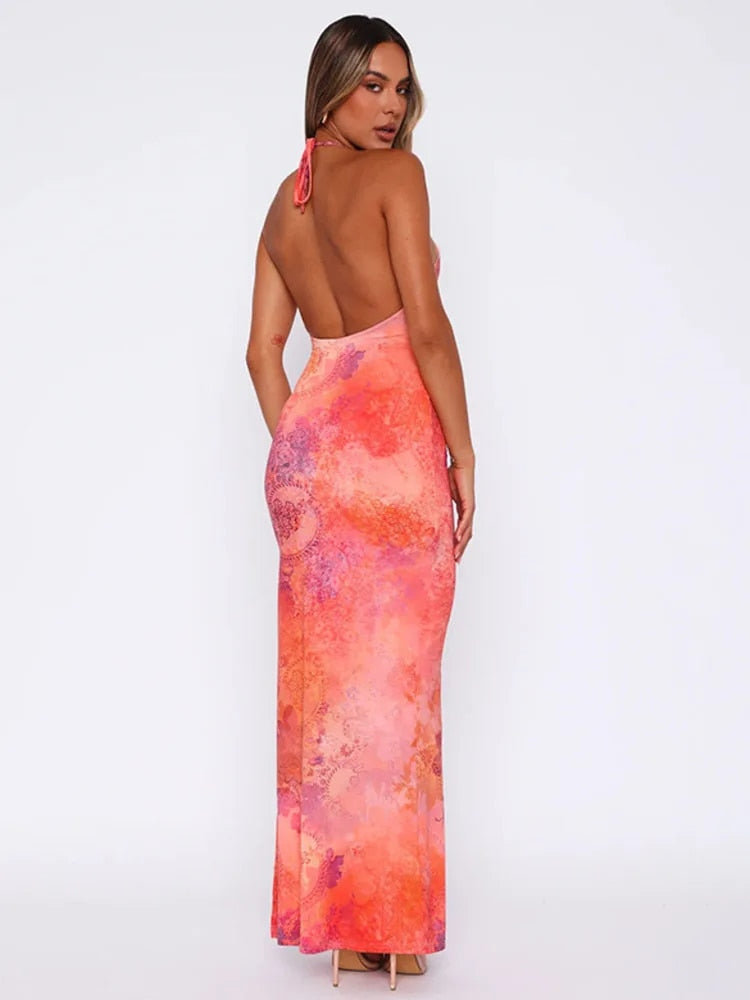 Halter Print Backless Split Maxi Dress