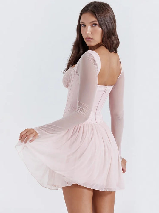 Lace Mesh Long Sleeve Backless Mini Dress