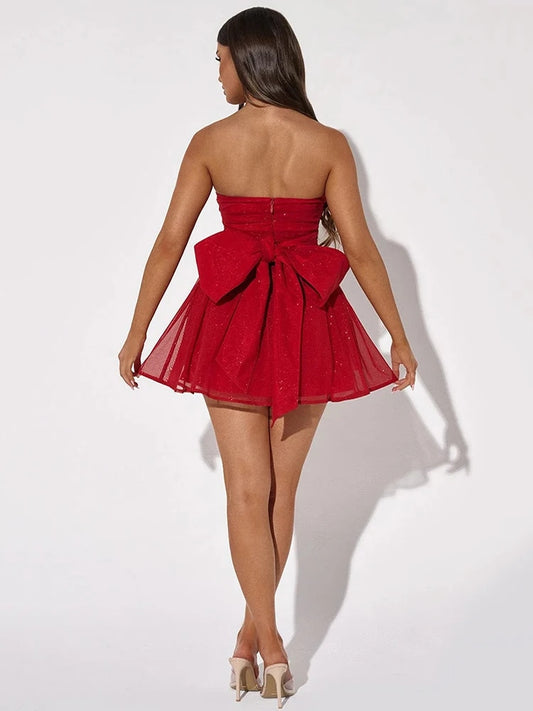 Sparkle Mesh Strapless Backless Bow Mini Dresses