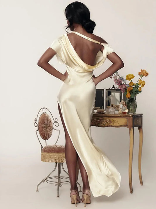Inclined Shoulder Backless High Split Maxi Dresses