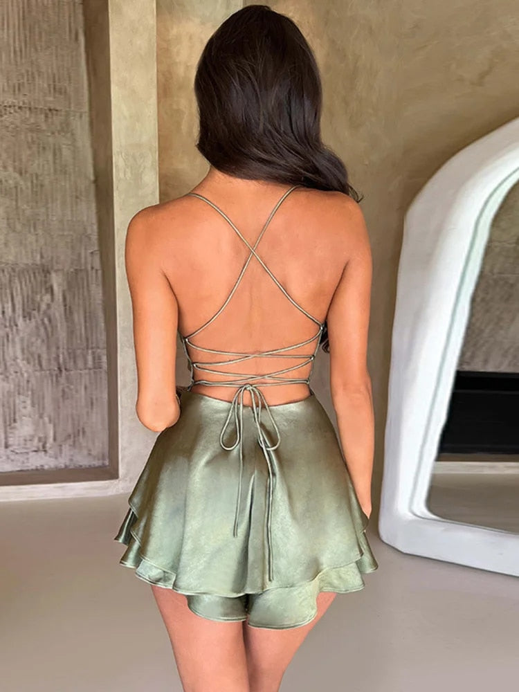 Strap Sleeveless Backless Lace-up Mini Dresses