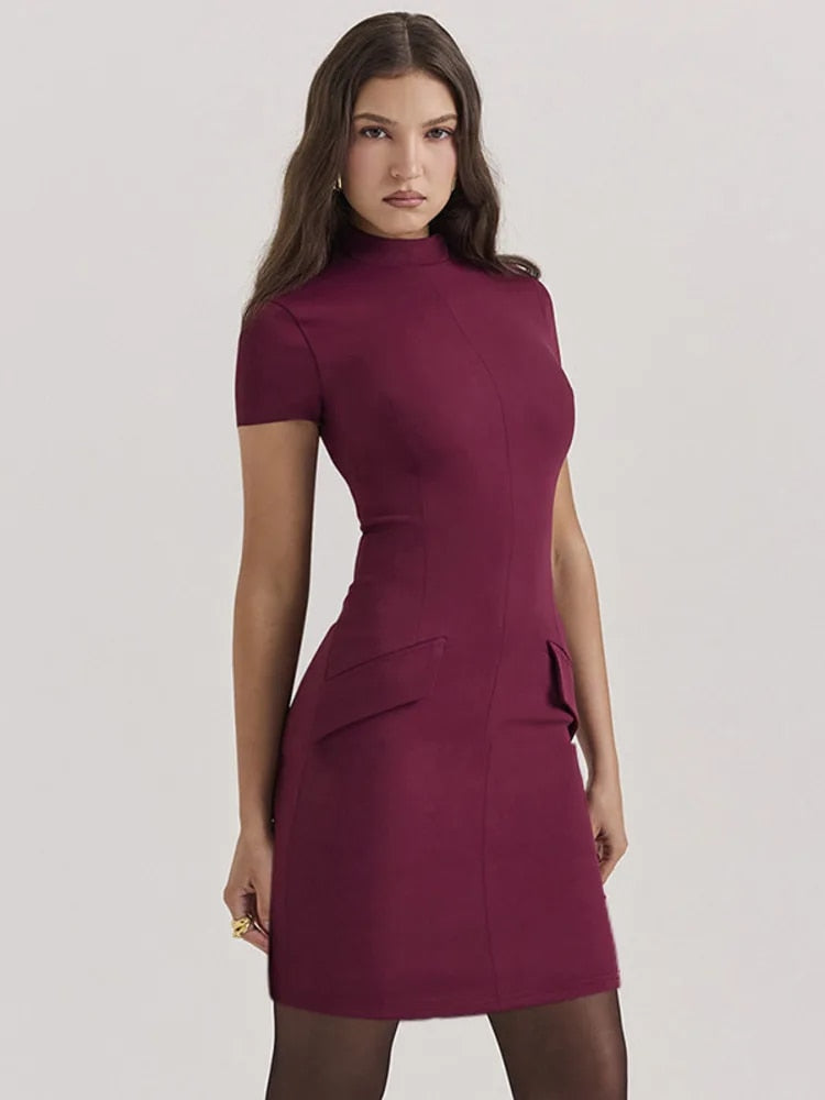 Short Sleeve Half High Collar Mini Dress